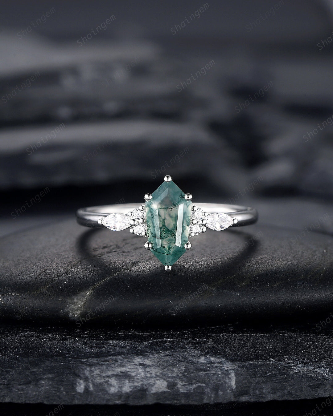 Platinum Shield Cut Moss Agate Engagement Ring, White Gold Hexagon Cut Moss Agate Promise Ring, Silver Wedding Ring Anniversary Gift for her - ShainJewelry