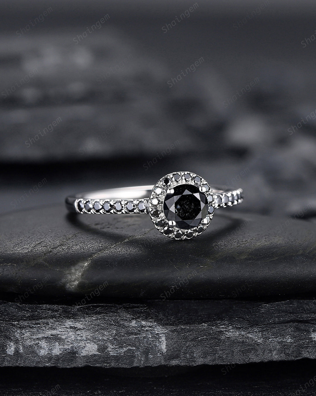 Platinum Natural Black Diamond Engagement Ring ,14K White Gold 0.5 CT Round Shape Diamond Halo Promise Ring, Half Eternity Wedding Ring Gift - ShainJewelry
