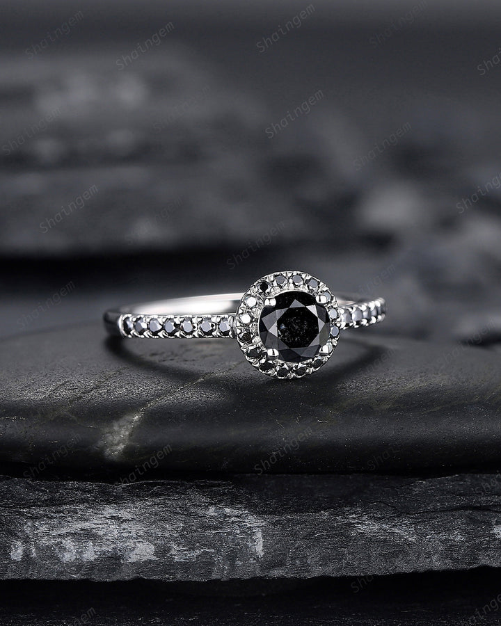 Platinum Natural Black Diamond Engagement Ring ,14K White Gold 0.5 CT Round Shape Diamond Halo Promise Ring, Half Eternity Wedding Ring Gift - ShainJewelry