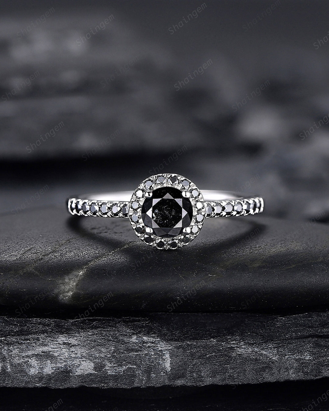 Platinum Natural Black Diamond Engagement Ring ,14K White Gold 0.5 CT Round Shape Diamond Halo Promise Ring, Half Eternity Wedding Ring Gift - ShainJewelry