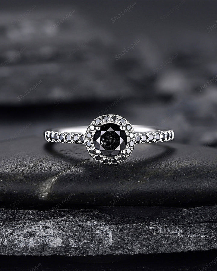 Platinum Natural Black Diamond Engagement Ring ,14K White Gold 0.5 CT Round Shape Diamond Halo Promise Ring, Half Eternity Wedding Ring Gift - ShainJewelry