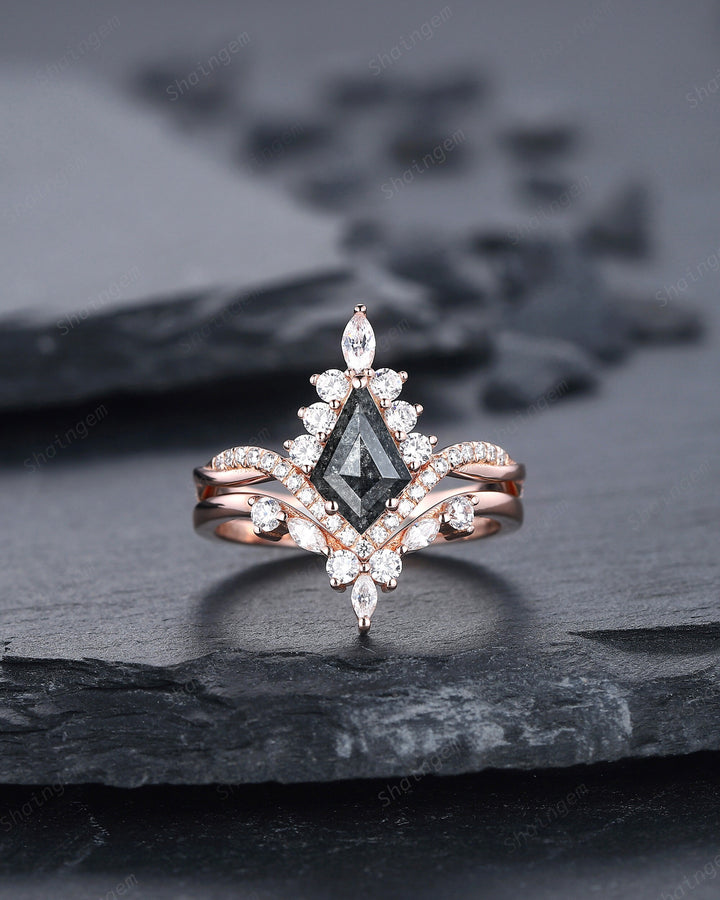 Salt and Pepper Diamond Engagement Ring Set, 18K Rose Gold Kite Cut Natural Black Diamond Halo Promise Ring, Gray Diamond Wedding Ring Gift - ShainJewelry