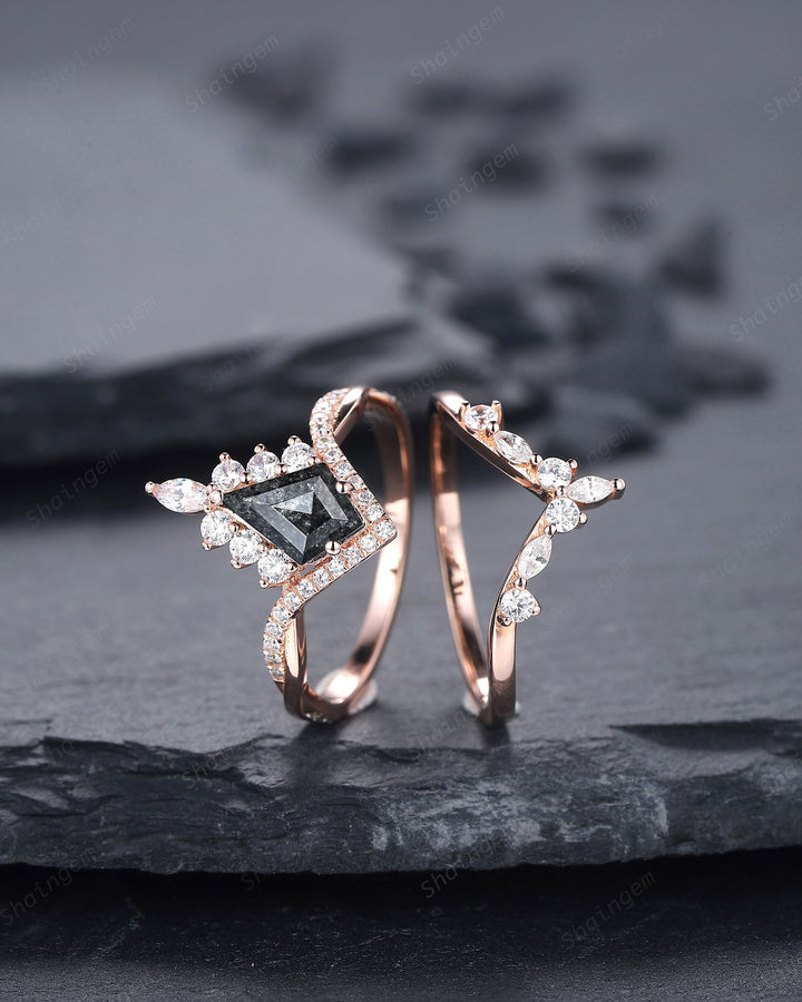 Salt and Pepper Diamond Engagement Ring Set, 18K Rose Gold Kite Cut Natural Black Diamond Halo Promise Ring, Gray Diamond Wedding Ring Gift - ShainJewelry