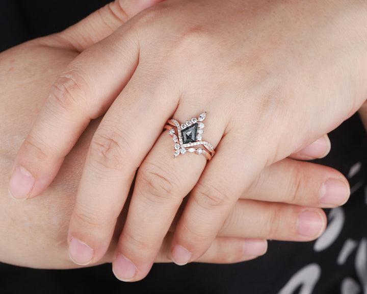 Salt and Pepper Diamond Engagement Ring Set, 18K Rose Gold Kite Cut Natural Black Diamond Halo Promise Ring, Gray Diamond Wedding Ring Gift - ShainJewelry