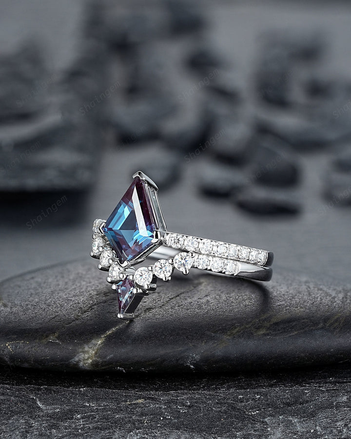 2CT Kite Shape Alexandrite and Diamond Bridal Set, Unique 14K Solid White Gold Alexandrite Engagement Ring, Promise Anniversary Ring Gift - ShainJewelry