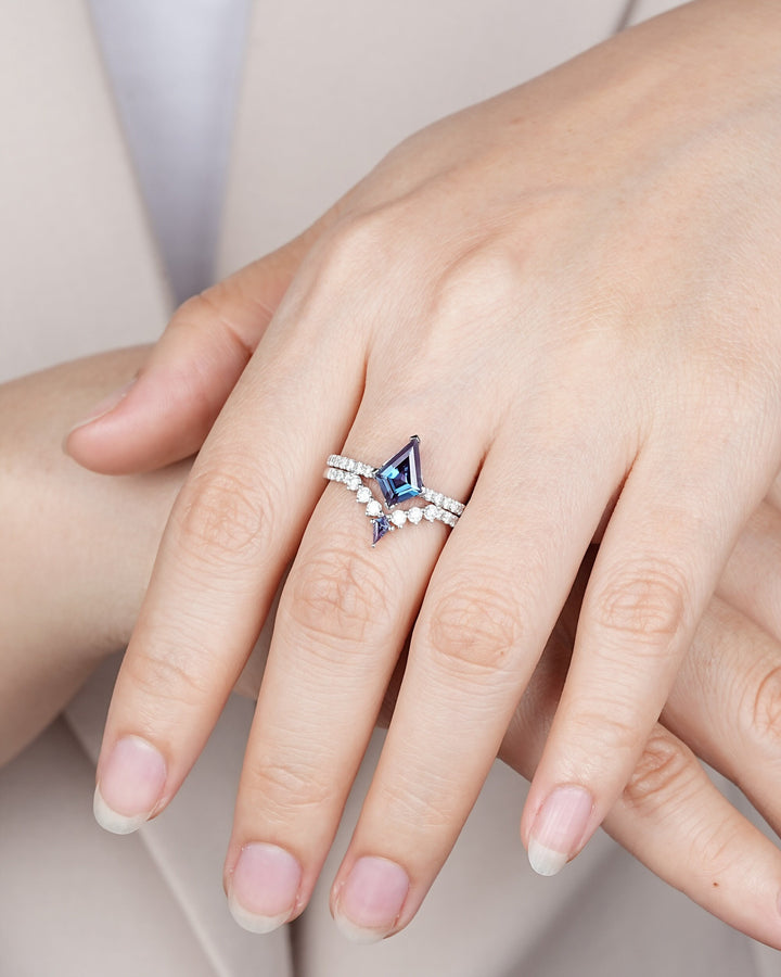 2CT Kite Shape Alexandrite and Diamond Bridal Set, Unique 14K Solid White Gold Alexandrite Engagement Ring, Promise Anniversary Ring Gift - ShainJewelry