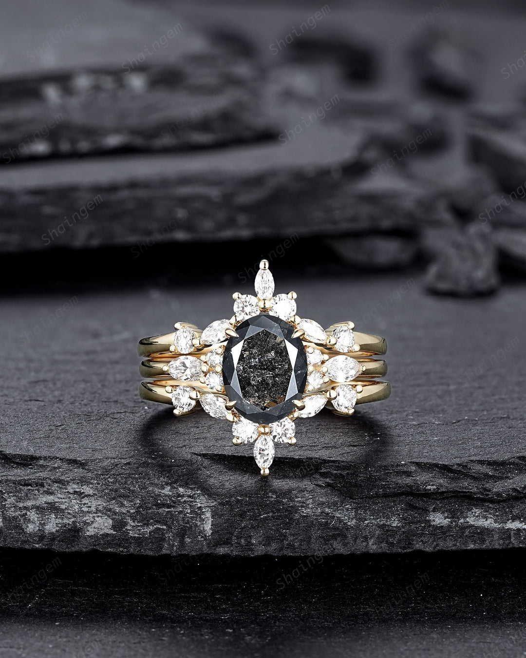 Oval Shape Salt and Pepper Diamond Engagement Ring Set, 18K Yellow Gold Natural Black Diamond Promise Ring, Gray Diamond Wedding Ring Gift - ShainJewelry