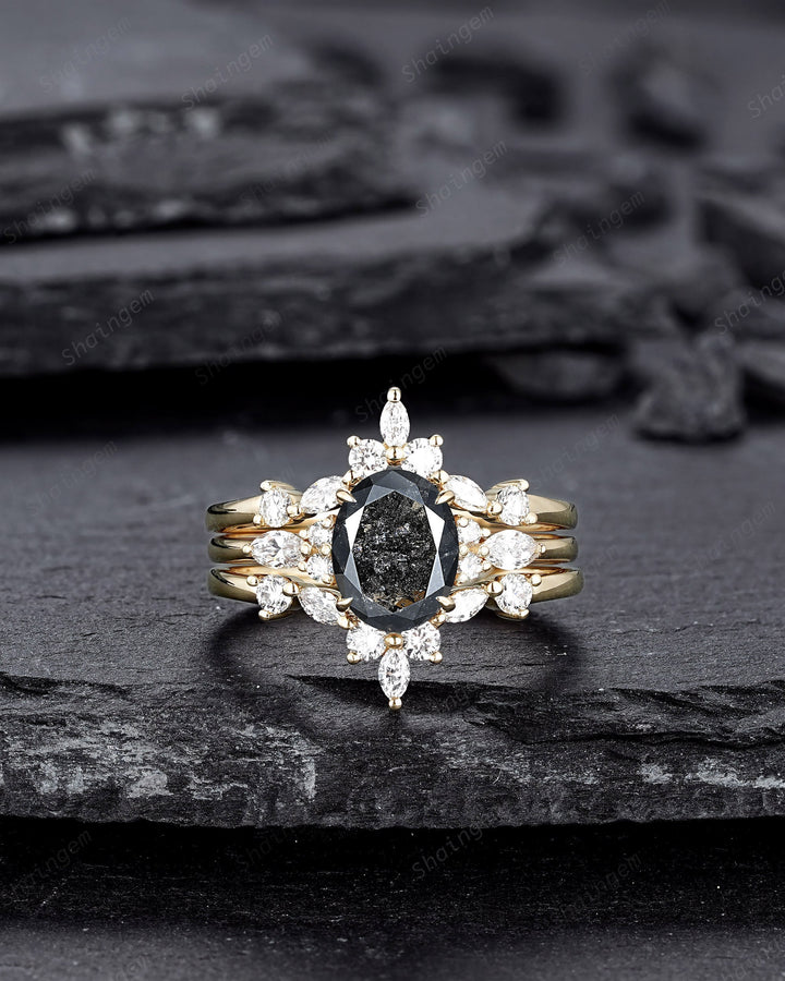 Oval Shape Salt and Pepper Diamond Engagement Ring Set, 18K Yellow Gold Natural Black Diamond Promise Ring, Gray Diamond Wedding Ring Gift - ShainJewelry