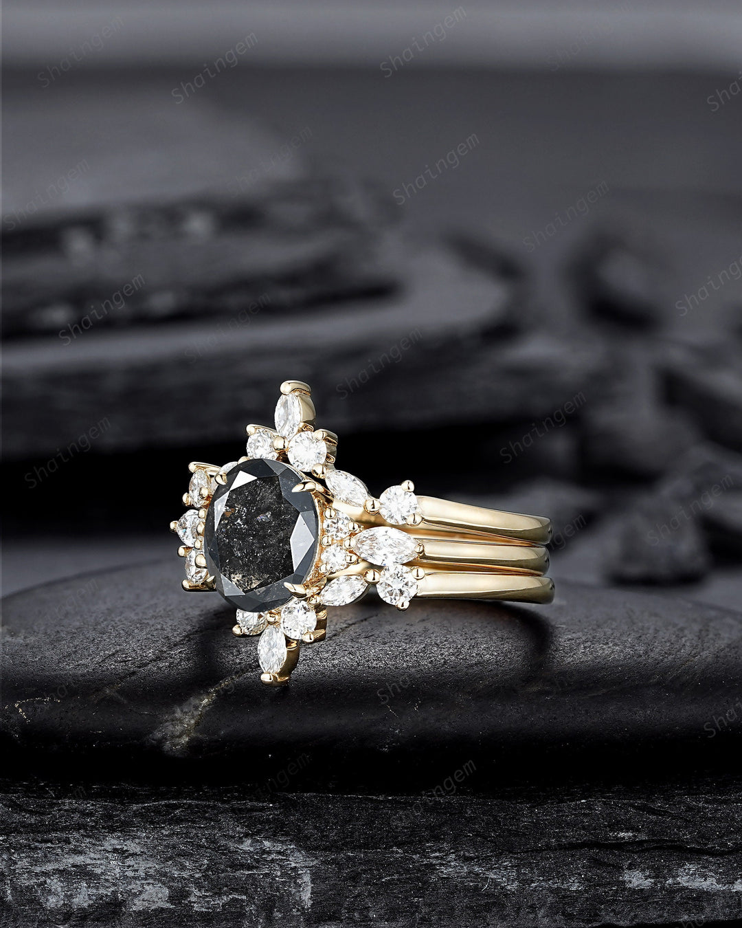 Oval Shape Salt and Pepper Diamond Engagement Ring Set, 18K Yellow Gold Natural Black Diamond Promise Ring, Gray Diamond Wedding Ring Gift - ShainJewelry