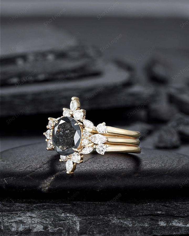 Oval Shape Salt and Pepper Diamond Engagement Ring Set, 18K Yellow Gold Natural Black Diamond Promise Ring, Gray Diamond Wedding Ring Gift - ShainJewelry