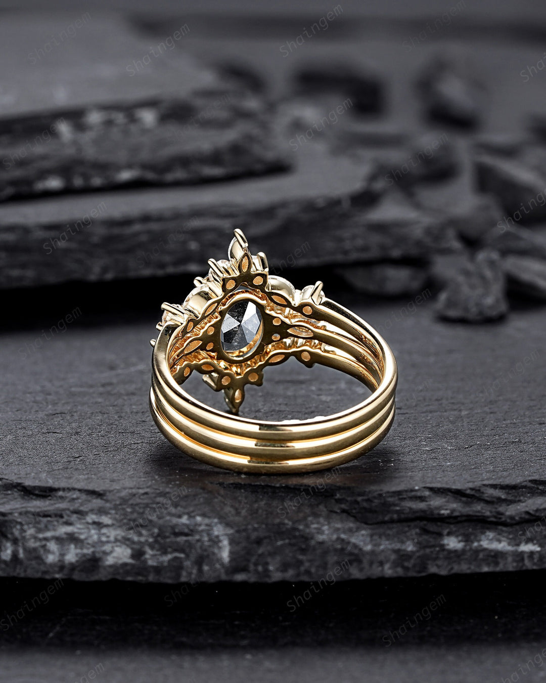 Oval Shape Salt and Pepper Diamond Engagement Ring Set, 18K Yellow Gold Natural Black Diamond Promise Ring, Gray Diamond Wedding Ring Gift - ShainJewelry