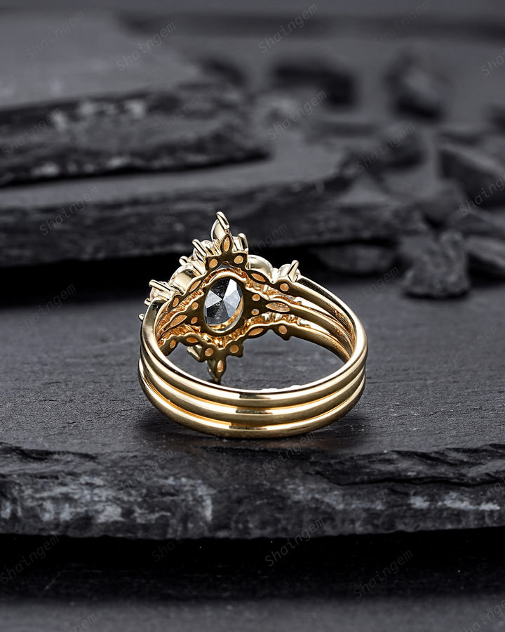 Oval Shape Salt and Pepper Diamond Engagement Ring Set, 18K Yellow Gold Natural Black Diamond Promise Ring, Gray Diamond Wedding Ring Gift - ShainJewelry