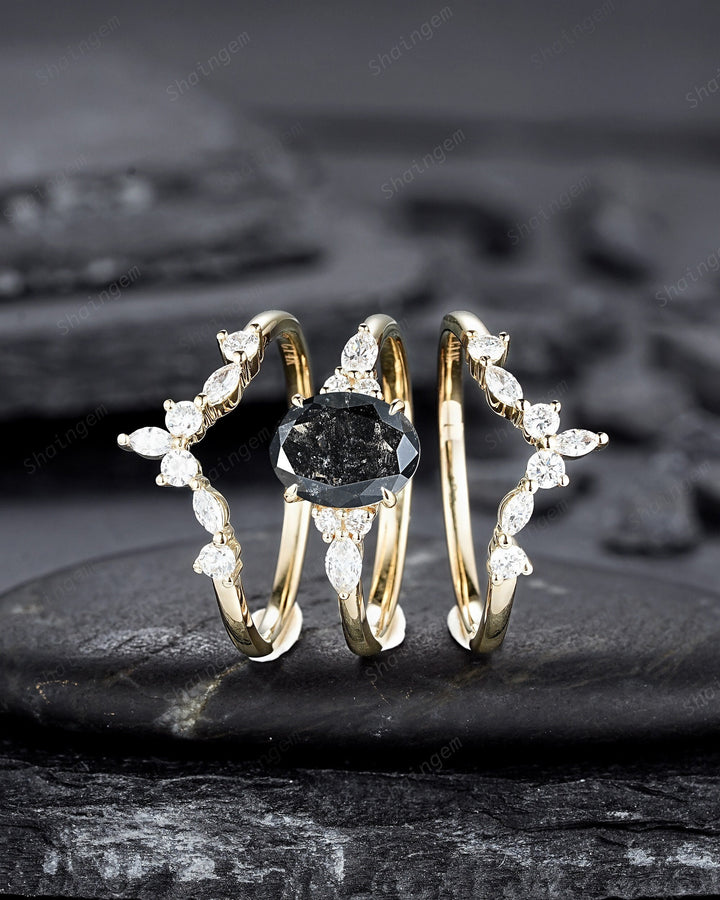 Oval Shape Salt and Pepper Diamond Engagement Ring Set, 18K Yellow Gold Natural Black Diamond Promise Ring, Gray Diamond Wedding Ring Gift - ShainJewelry