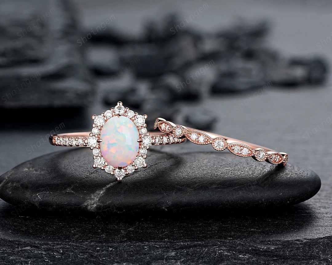 White Fire Opal and Diamond Engagement Ring Set Unique Oval Cut Opal Rose Gold Halo Promise Ring Bridal Set Anniversary Ring Gift for Women - ShainJewelry