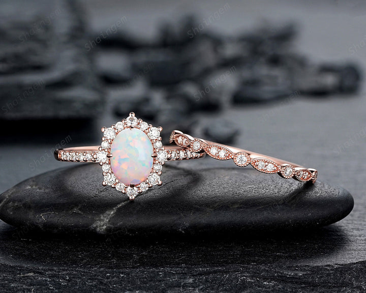 White Fire Opal and Diamond Engagement Ring Set Unique Oval Cut Opal Rose Gold Halo Promise Ring Bridal Set Anniversary Ring Gift for Women - ShainJewelry