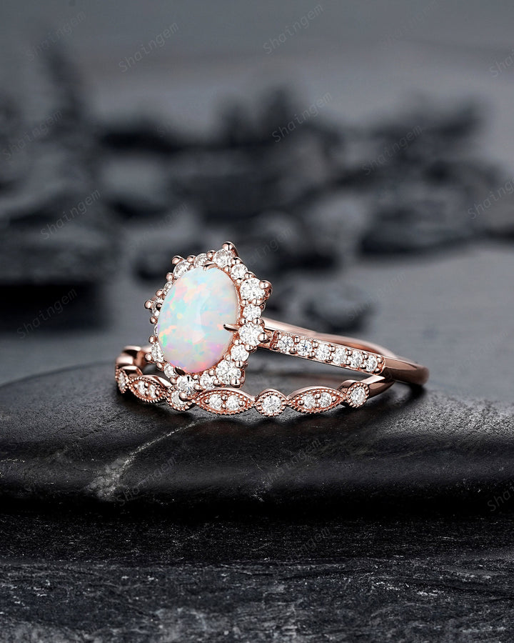 White Fire Opal and Diamond Engagement Ring Set Unique Oval Cut Opal Rose Gold Halo Promise Ring Bridal Set Anniversary Ring Gift for Women - ShainJewelry