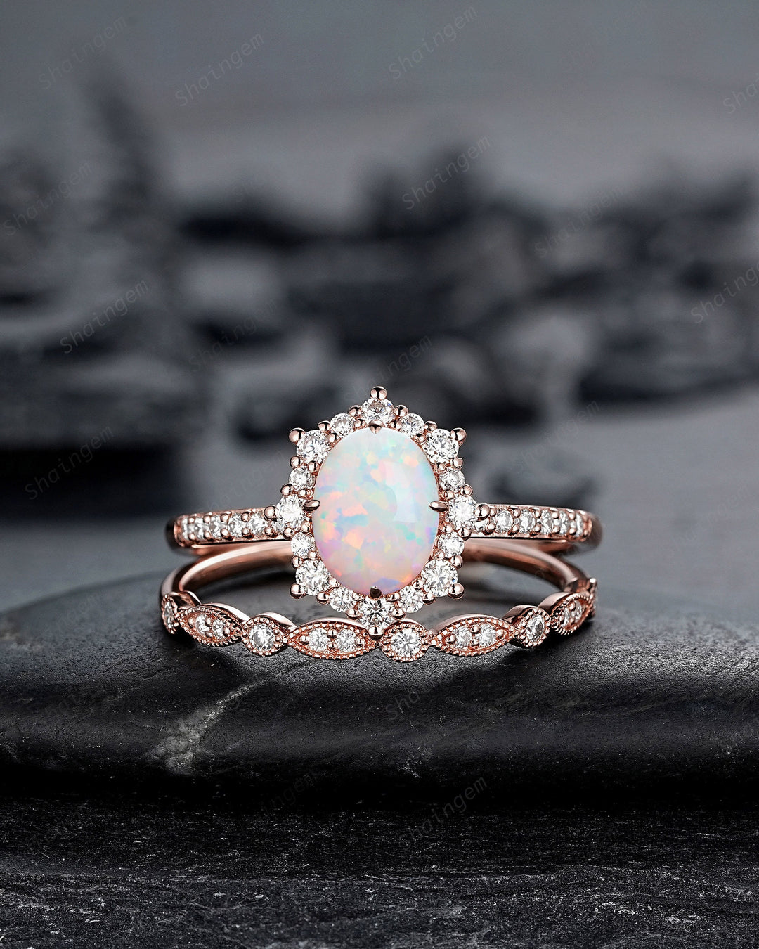 White Fire Opal and Diamond Engagement Ring Set Unique Oval Cut Opal Rose Gold Halo Promise Ring Bridal Set Anniversary Ring Gift for Women - ShainJewelry