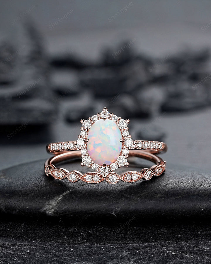 White Fire Opal and Diamond Engagement Ring Set Unique Oval Cut Opal Rose Gold Halo Promise Ring Bridal Set Anniversary Ring Gift for Women - ShainJewelry