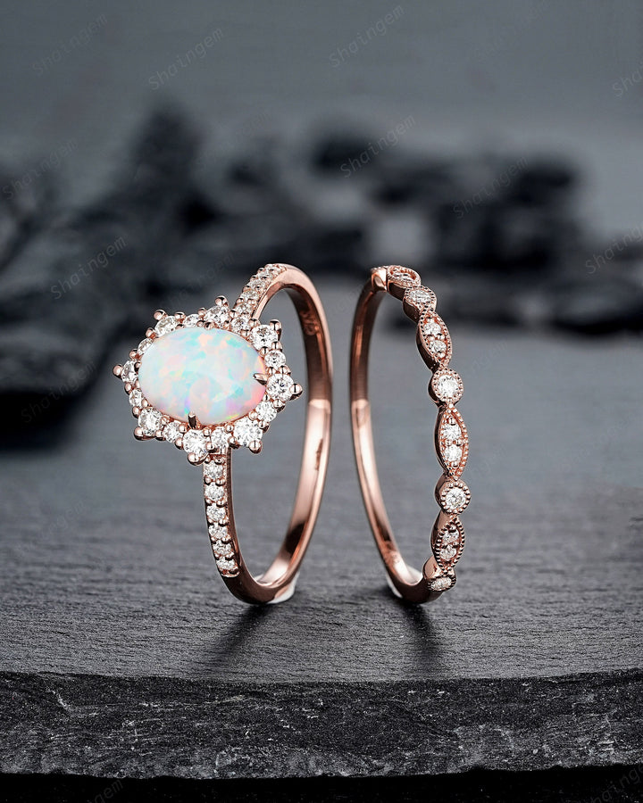 White Fire Opal and Diamond Engagement Ring Set Unique Oval Cut Opal Rose Gold Halo Promise Ring Bridal Set Anniversary Ring Gift for Women - ShainJewelry