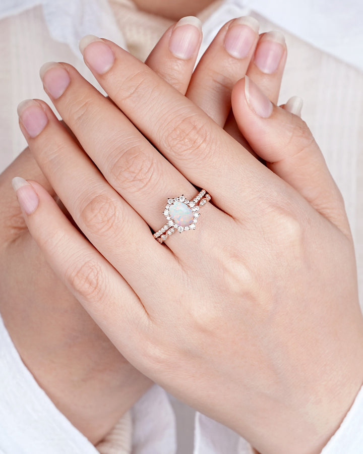 White Fire Opal and Diamond Engagement Ring Set Unique Oval Cut Opal Rose Gold Halo Promise Ring Bridal Set Anniversary Ring Gift for Women - ShainJewelry
