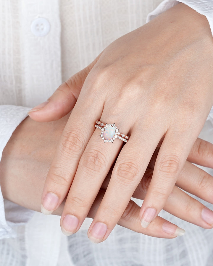 White Fire Opal and Diamond Engagement Ring Set Unique Oval Cut Opal Rose Gold Halo Promise Ring Bridal Set Anniversary Ring Gift for Women - ShainJewelry
