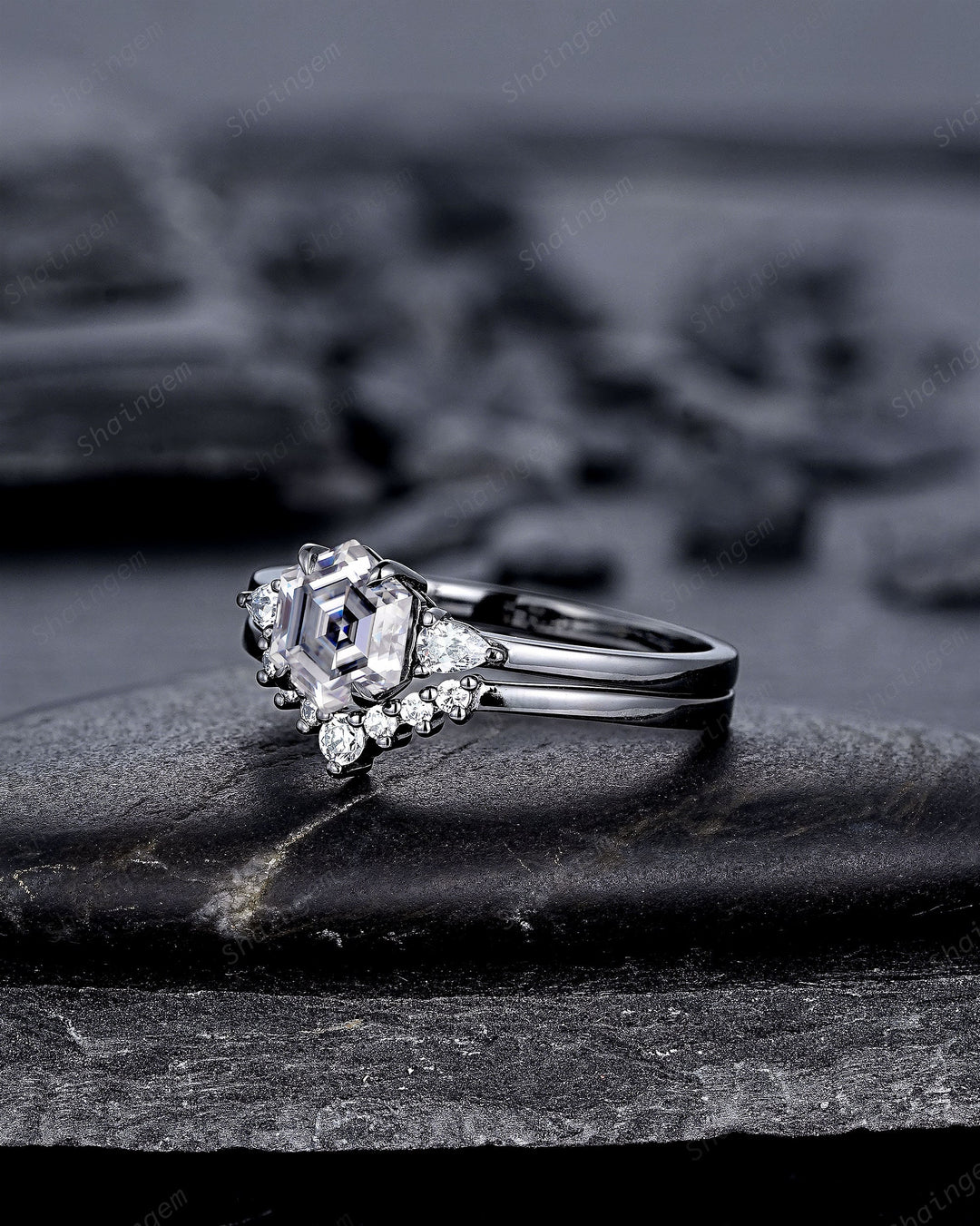Gothic Black Gold Hexagon Gray Moissanite Engagement Ring Set, Rhodium Black Grey Moissanite Promise Ring, Three Stone Anniversary Ring Gift - ShainJewelry