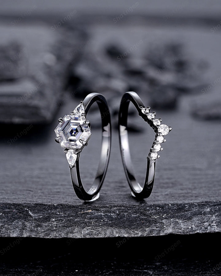Gothic Black Gold Hexagon Gray Moissanite Engagement Ring Set, Rhodium Black Grey Moissanite Promise Ring, Three Stone Anniversary Ring Gift - ShainJewelry