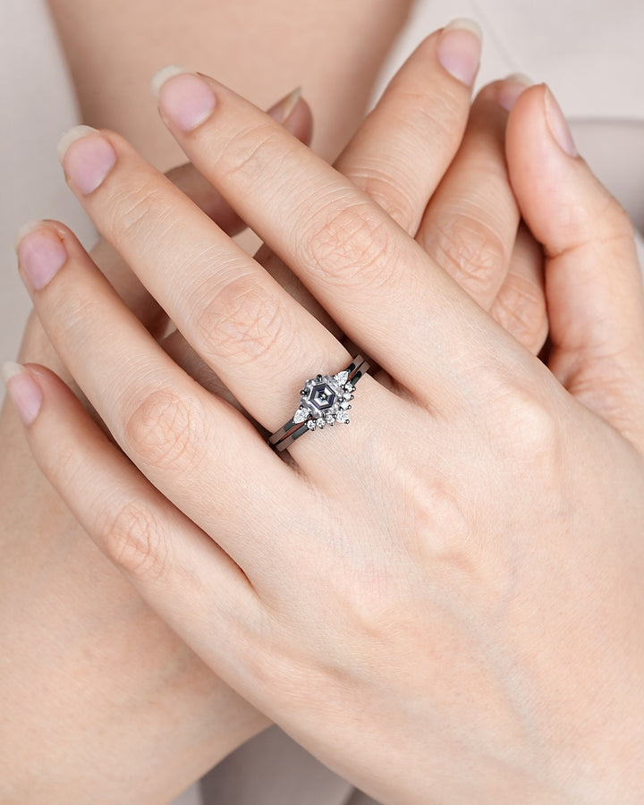 Gothic Black Gold Hexagon Gray Moissanite Engagement Ring Set, Rhodium Black Grey Moissanite Promise Ring, Three Stone Anniversary Ring Gift - ShainJewelry