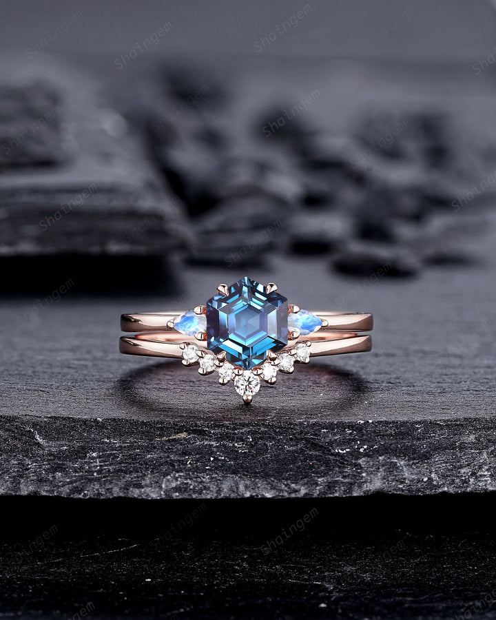 Unique Hexagon Alexandrite and Moonstone Engagement Ring Set, Vintage June Birthstone Wedding Ring, Rose Gold Promise Ring Gift for Women - ShainJewelry