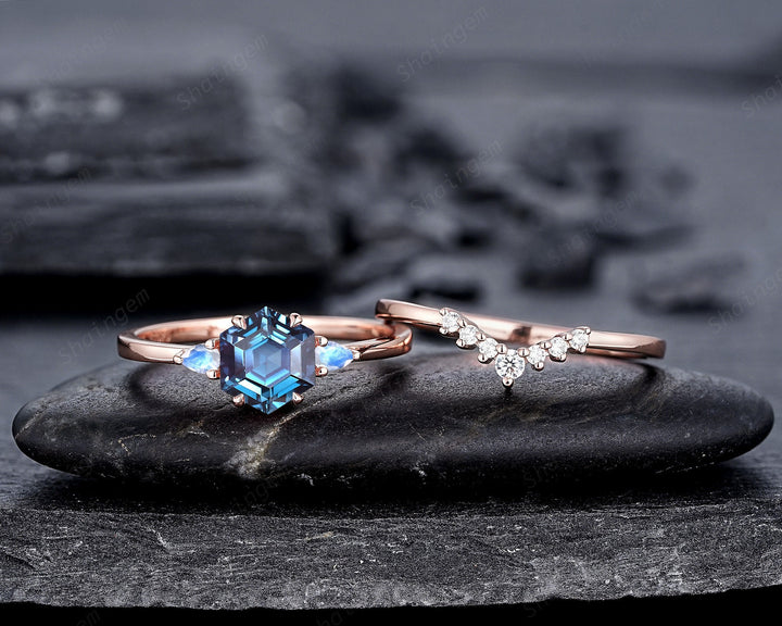 Unique Hexagon Alexandrite and Moonstone Engagement Ring Set, Vintage June Birthstone Wedding Ring, Rose Gold Promise Ring Gift for Women - ShainJewelry