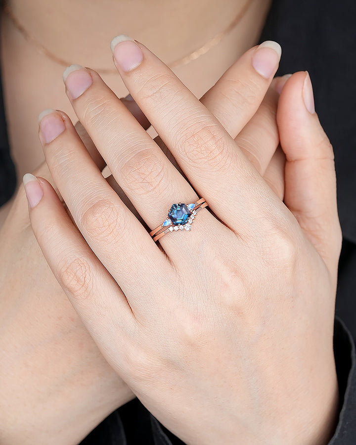 Unique Hexagon Alexandrite and Moonstone Engagement Ring Set, Vintage June Birthstone Wedding Ring, Rose Gold Promise Ring Gift for Women - ShainJewelry