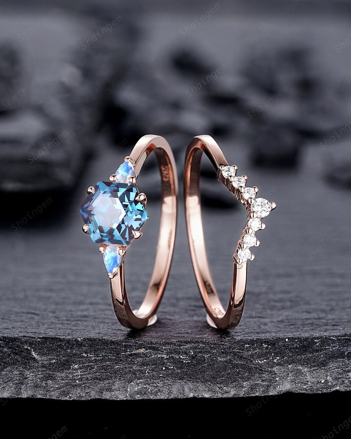 Unique Hexagon Alexandrite and Moonstone Engagement Ring Set, Vintage June Birthstone Wedding Ring, Rose Gold Promise Ring Gift for Women - ShainJewelry