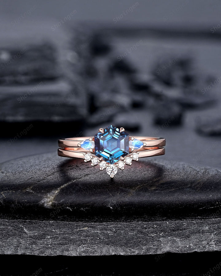 Unique Hexagon Alexandrite and Moonstone Engagement Ring Set, Vintage June Birthstone Wedding Ring, Rose Gold Promise Ring Gift for Women - ShainJewelry