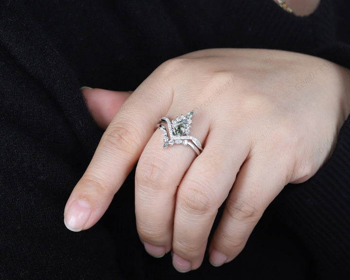 Vintage Kite Shape Moss Agate and Diamond Engagement Ring Set, V Shape White Gold Moss Agate Promise Ring Wedding Set, Bridal Set for Women - ShainJewelry