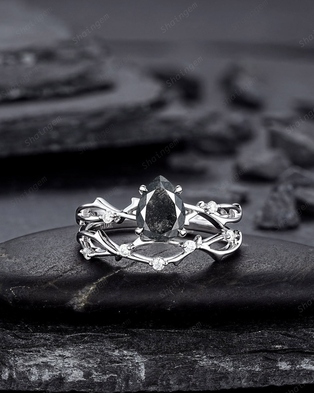 Pear Shape Salt and Pepper Diamond Engagement Ring Set, 18K White Gold Natural Black Diamond Twig Branch Promise Ring, Annivesary Ring Gift - ShainJewelry