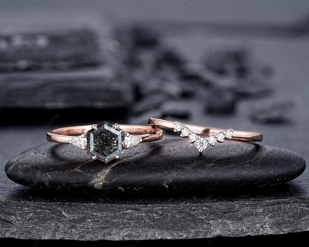 Hexagon Shape Salt and Pepper Diamond Engagement Ring Set, 18K Rose Gold Natural Gray Diamond Promise Ring, Platinum Annivesary Ring Gift - ShainJewelry