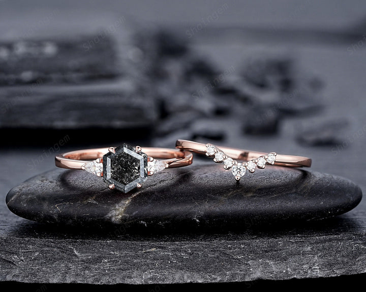 Hexagon Shape Salt and Pepper Diamond Engagement Ring Set, 18K Rose Gold Natural Gray Diamond Promise Ring, Platinum Annivesary Ring Gift - ShainJewelry