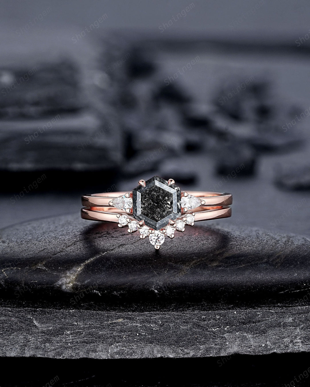 Hexagon Shape Salt and Pepper Diamond Engagement Ring Set, 18K Rose Gold Natural Gray Diamond Promise Ring, Platinum Annivesary Ring Gift - ShainJewelry
