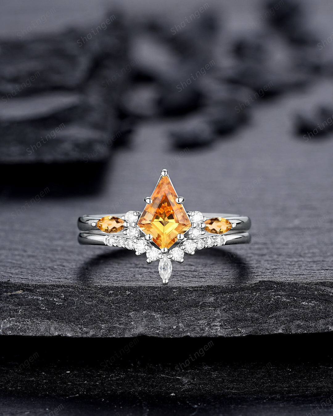 Vintage Kite Cut Citrine and Diamond Engagement Ring Set, Unique 14K White Gold Citrine Promise Ring, Wedding Ring Set Gift for Women - ShainJewelry