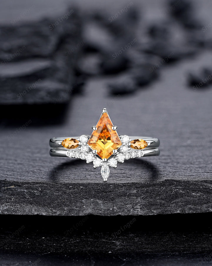 Vintage Kite Cut Citrine and Diamond Engagement Ring Set, Unique 14K White Gold Citrine Promise Ring, Wedding Ring Set Gift for Women - ShainJewelry
