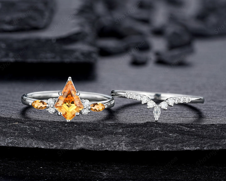 Vintage Kite Cut Citrine and Diamond Engagement Ring Set, Unique 14K White Gold Citrine Promise Ring, Wedding Ring Set Gift for Women - ShainJewelry