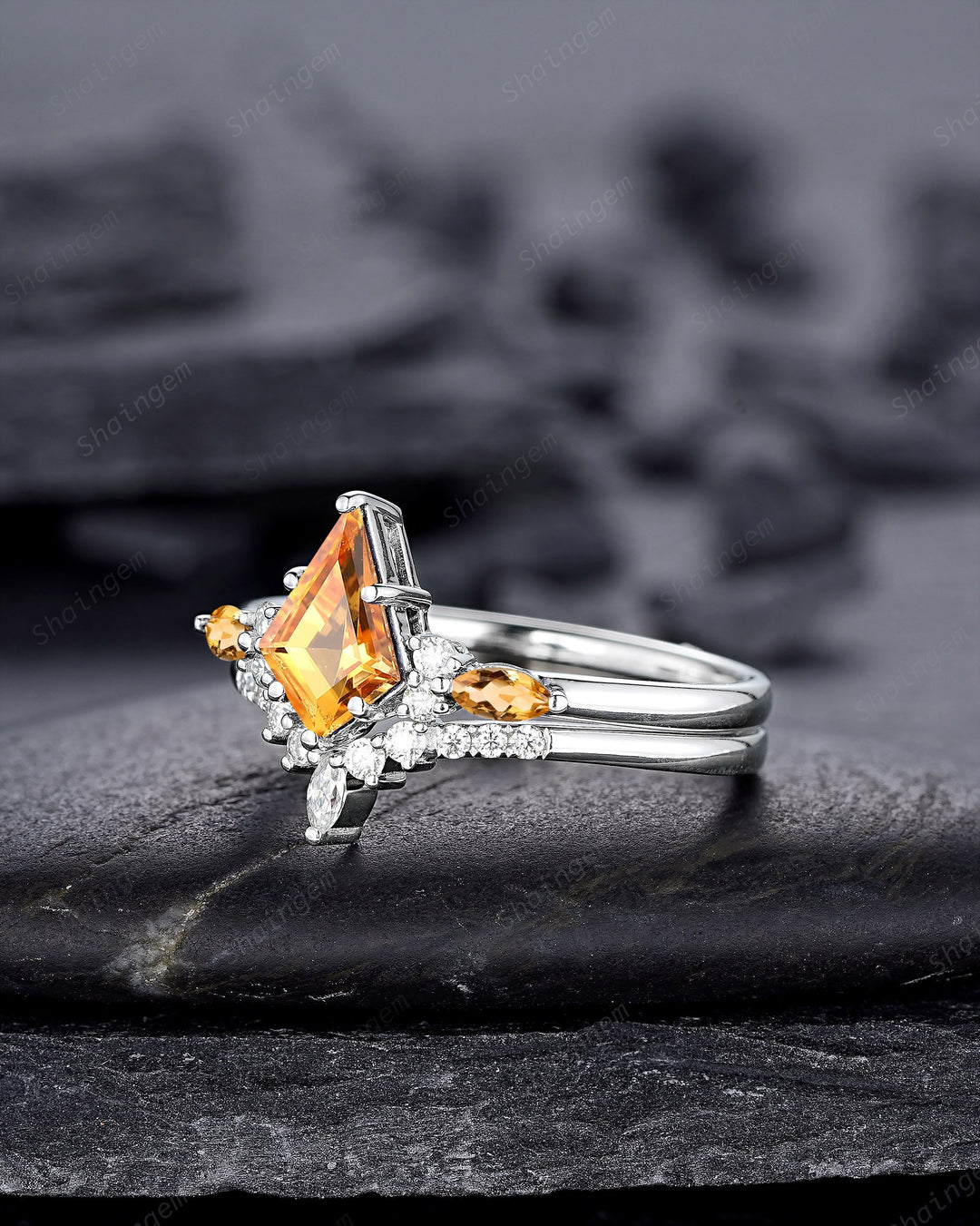 Vintage Kite Cut Citrine and Diamond Engagement Ring Set, Unique 14K White Gold Citrine Promise Ring, Wedding Ring Set Gift for Women - ShainJewelry