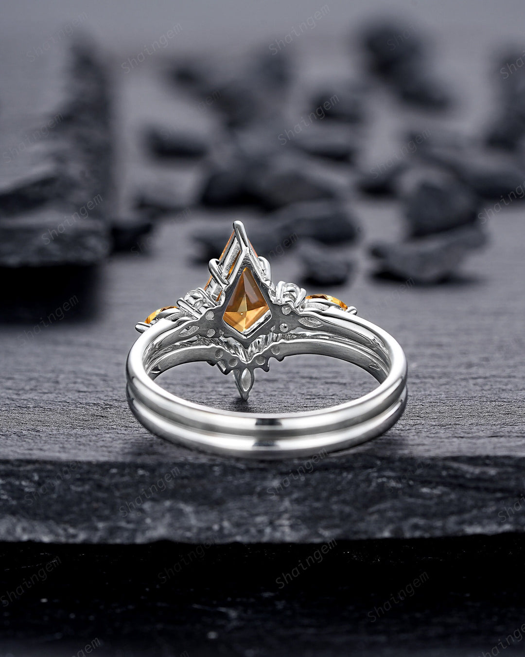 Vintage Kite Cut Citrine and Diamond Engagement Ring Set, Unique 14K White Gold Citrine Promise Ring, Wedding Ring Set Gift for Women - ShainJewelry