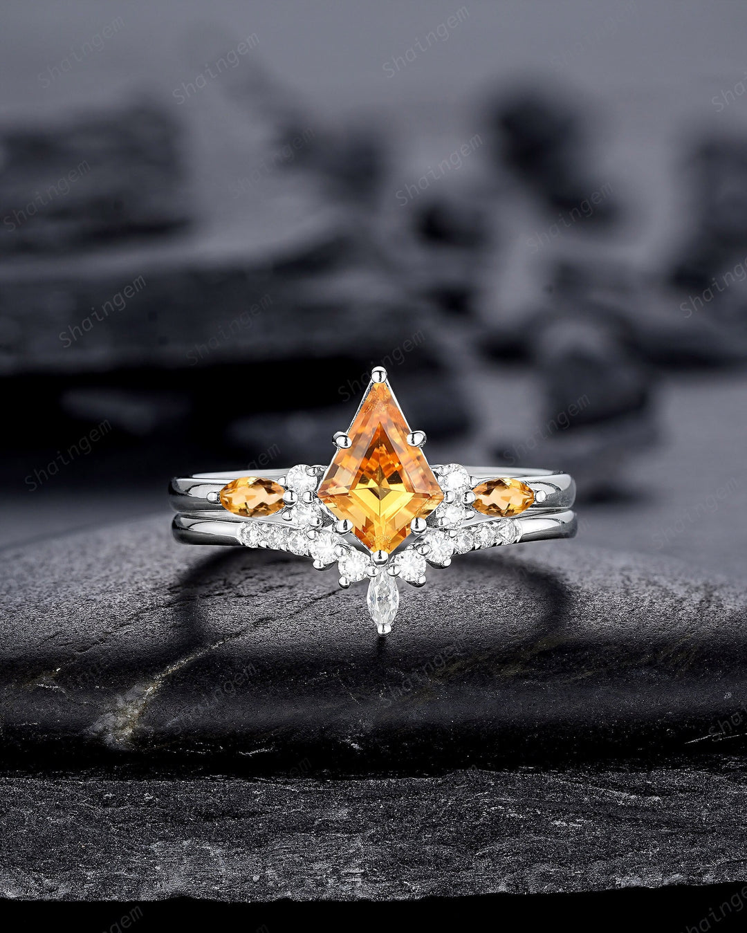Vintage Kite Cut Citrine and Diamond Engagement Ring Set, Unique 14K White Gold Citrine Promise Ring, Wedding Ring Set Gift for Women - ShainJewelry
