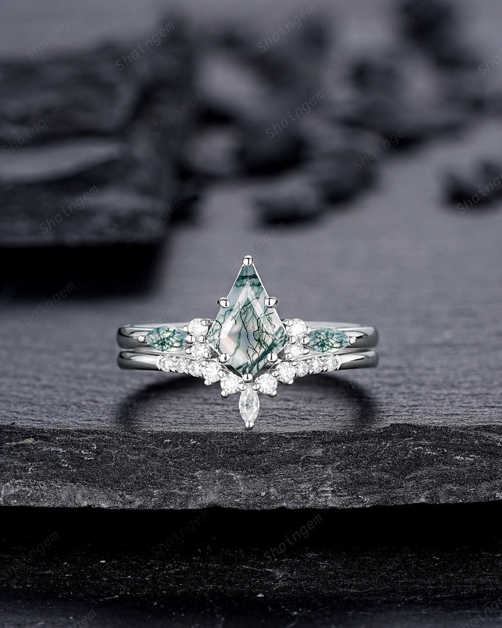 Platinum Kite Shape Moss Agate Engagement Ring Set, White Gold Sterling Silver 925 Green Moss Agate Promise Anniversary Ring Gift for Women - ShainJewelry
