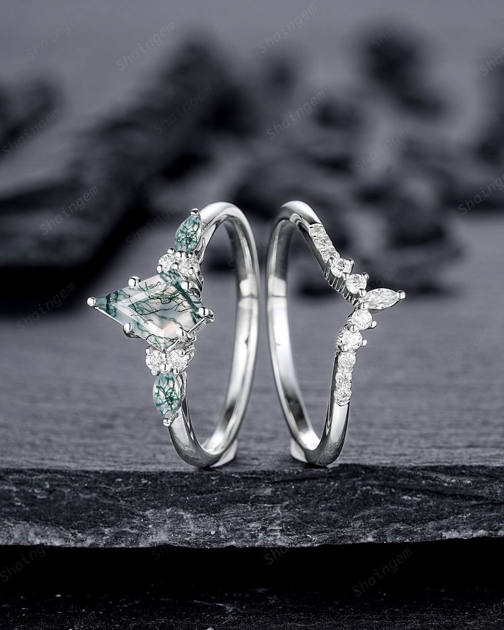 Platinum Kite Shape Moss Agate Engagement Ring Set, White Gold Sterling Silver 925 Green Moss Agate Promise Anniversary Ring Gift for Women - ShainJewelry