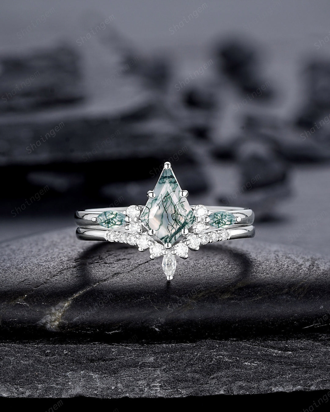 Platinum Kite Shape Moss Agate Engagement Ring Set, White Gold Sterling Silver 925 Green Moss Agate Promise Anniversary Ring Gift for Women - ShainJewelry