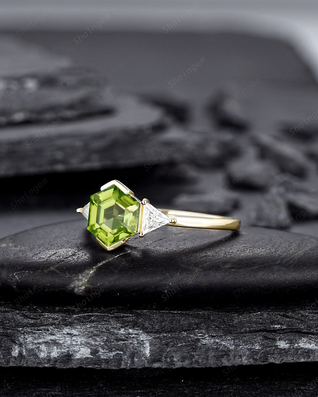 Vintage Hexagon Peridot Engagement Ring, 14K Yellow Gold Peridot Promise Ring, Half Bezel Anniversary Ring Gift, Three Stone Wedding Ring - ShainJewelry