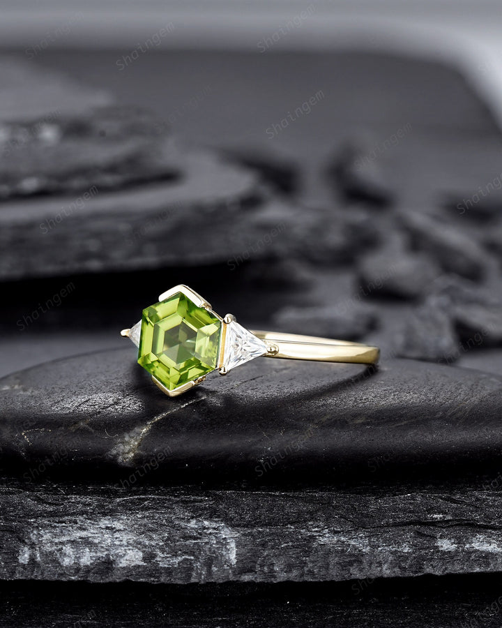 Vintage Hexagon Peridot Engagement Ring, 14K Yellow Gold Peridot Promise Ring, Half Bezel Anniversary Ring Gift, Three Stone Wedding Ring - ShainJewelry