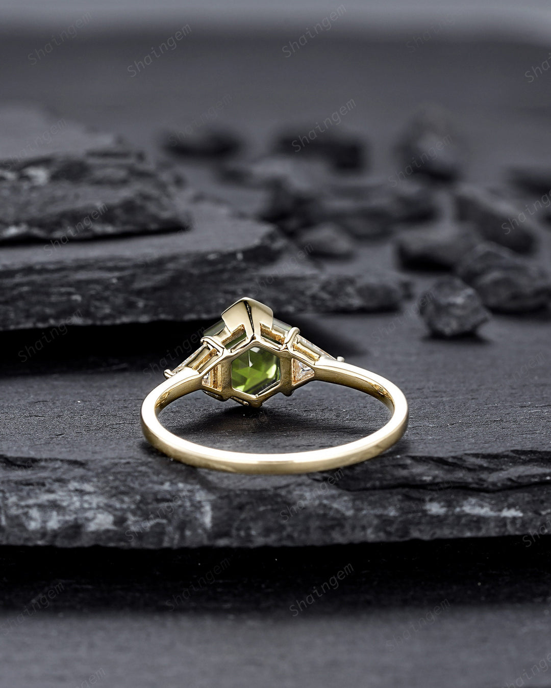 Vintage Hexagon Peridot Engagement Ring, 14K Yellow Gold Peridot Promise Ring, Half Bezel Anniversary Ring Gift, Three Stone Wedding Ring - ShainJewelry